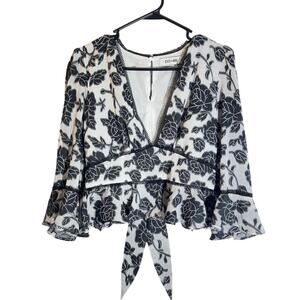 Do+Be Black & White Floral Embroidered Wrap Blouse Small